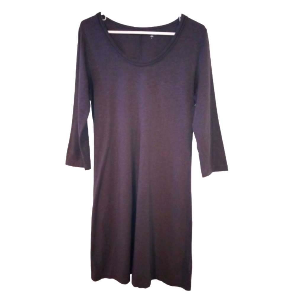 Garnet Hill T-Shirt Dress Minimalist Gray w. Ruched Neck Trim Midi Comfy M